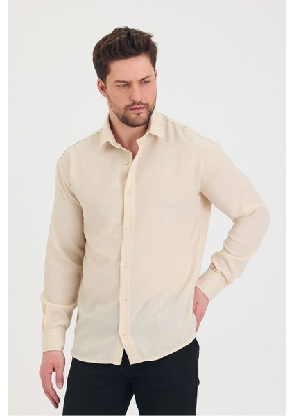 Erkek Slim Fit Dar Kalıp Uzun Kol Pamuklu Keten Efekt Gömlek