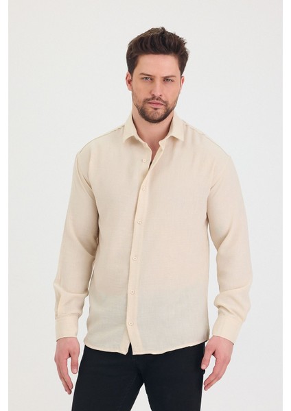 Erkek Slim Fit Dar Kalıp Uzun Kol Pamuklu Keten Efekt Gömlek fiyatları