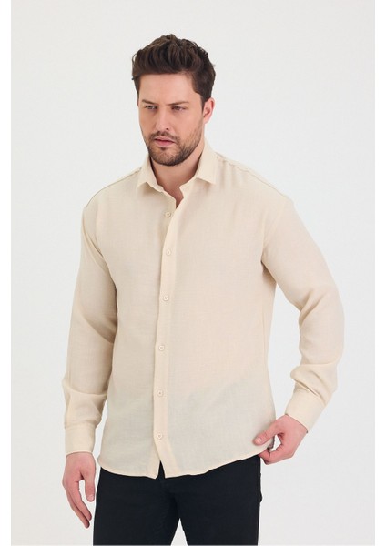 Erkek Slim Fit Dar Kalıp Uzun Kol Pamuklu Keten Efekt Gömlek indirimleri