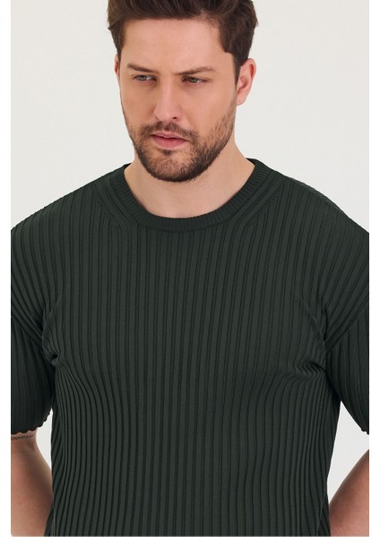 Erkek Bisiklet Yaka Fitilli Kısa Kollu Ince Triko T-Shirt