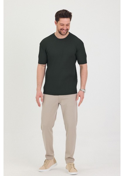 Erkek Bisiklet Yaka Fitilli Kısa Kollu Ince Triko T-Shirt