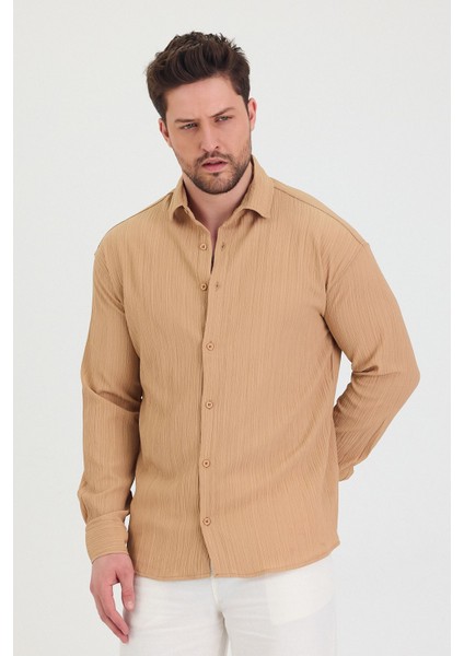 Erkek Kendinden Çizgi Detaylı Slim Fit Dar Kalıp Uzun Kol Gömlek