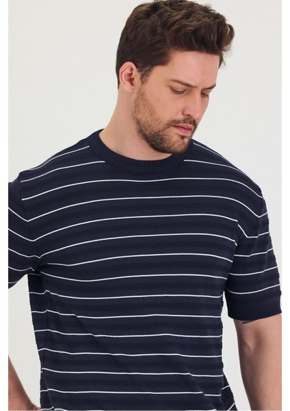 Erkek Bisiklet Yaka Çizgi Detaylı Kısa Kollu Ince Triko T-Shirt