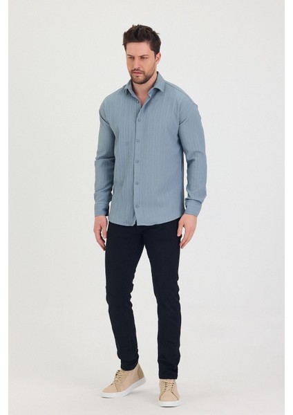 Erkek Kendinden Çizgi Detaylı Slim Fit Dar Kalıp Uzun Kol Gömlek