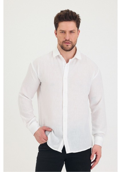 Erkek Slim Fit Dar Kalıp Uzun Kol Pamuklu Keten Efekt Gömlek