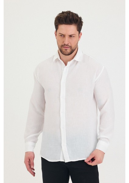 Erkek Slim Fit Dar Kalıp Uzun Kol Pamuklu Keten Efekt Gömlek indirimleri