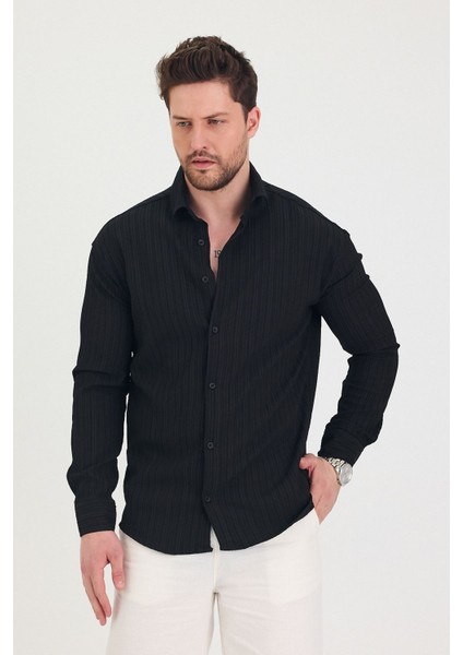 Erkek Kendinden Çizgi Detaylı Slim Fit Dar Kalıp Uzun Kol Gömlek