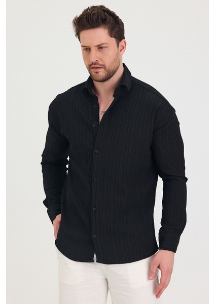 Erkek Kendinden Çizgi Detaylı Slim Fit Dar Kalıp Uzun Kol Gömlek fırsatları