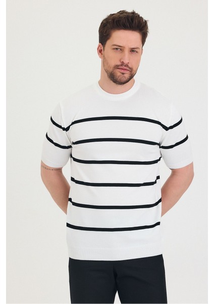Erkek Bisiklet Yaka Kalın Çizgi Detaylı Kısa Kollu Ince Triko T-Shirt