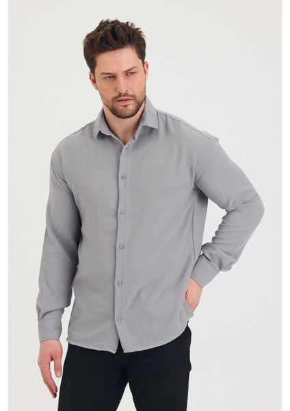 Erkek Slim Fit Dar Kalıp Uzun Kol Pamuklu Keten Efekt Gömlek