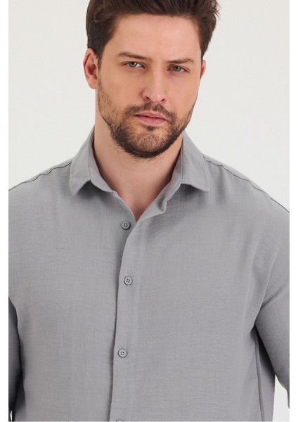Erkek Slim Fit Dar Kalıp Uzun Kol Pamuklu Keten Efekt Gömlek fiyatları