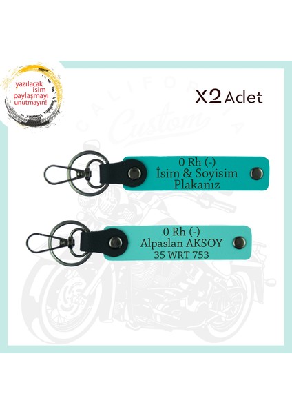 K Turkuaz-Turkuaz, Motosiklet Severlere, Isim Plaka ve 0 (Rh) - Kan Grubu Yazılı 2'li Anahtarlık Set