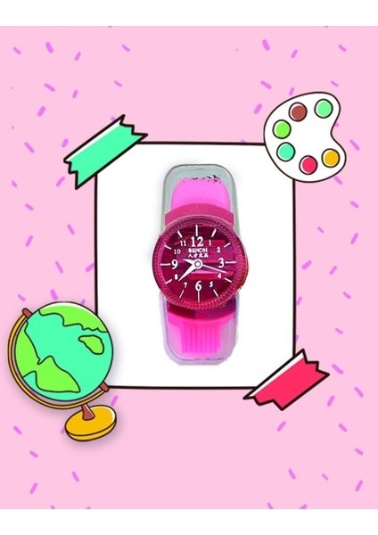 Kağıt Gemi Dükkan Pembe Saat Görünümlü Kalemtraş Silgi Fırça Üçü Bir Arada (Yurt Dışından)