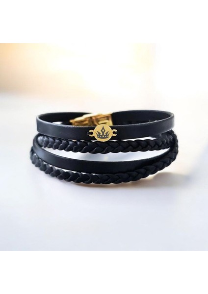 14 Ayar Altın Plakalı Taç Detaylı Yuvarlak Motifli Erkekler İçin Derili Bileklik-398TAÇ-Siyah