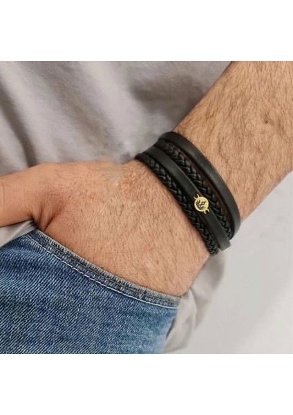 14 Ayar Altın Plakalı Taç Detaylı Yuvarlak Motifli Erkekler İçin Derili Bileklik-398TAÇ-Siyah fiyatları