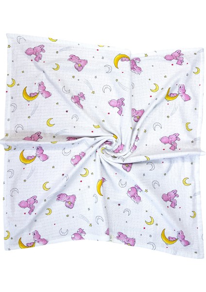 2 Katlı Arkası Beyaz Tavşan Desenli %100 Pamuklu Müslin & Pike, Bebek Battaniyesi