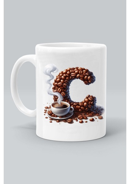 Harf C Kahve Desen Baskılı Beyaz Klasik Kupa Bardak