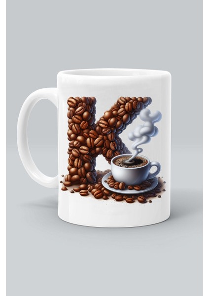 Harf K Kahve Desen Baskılı Beyaz Klasik Kupa Bardak