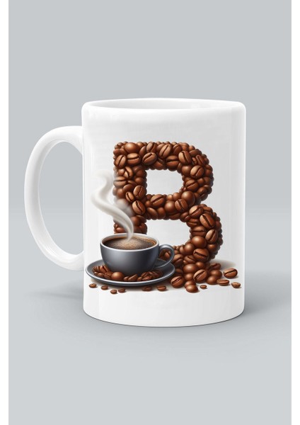 Harf B Kahve Desen Baskılı Beyaz Klasik Kupa Bardak