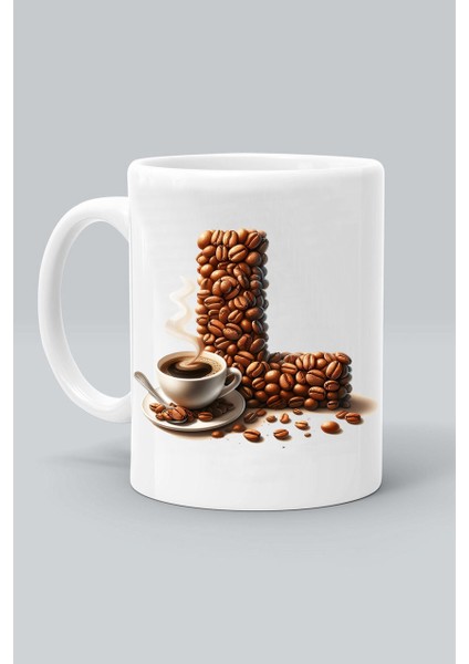 Harf L Kahve Desen Baskılı Beyaz Klasik Kupa Bardak