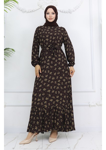 Viskon Kumaş Desenli Elbise 0035-05 Kahverengi fiyatları