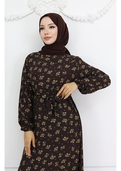 Viskon Kumaş Desenli Elbise 0035-05 Kahverengi modelleri