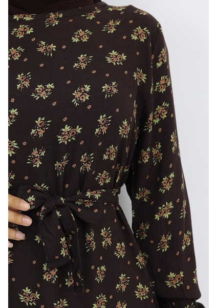 Viskon Kumaş Desenli Elbise 0035-05 Kahverengi fırsatları