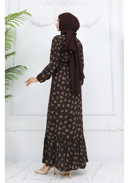 Viskon Kumaş Desenli Elbise 0035-05 Kahverengi indirimleri