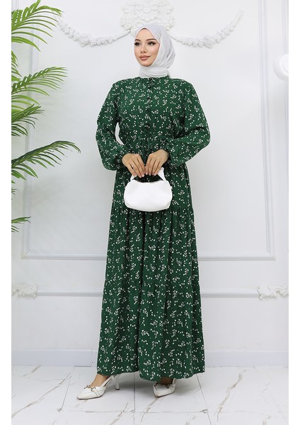 Yarım Düğmeli Çiçek Desenli Elbise 0025-01 Zümrüt Yeşili