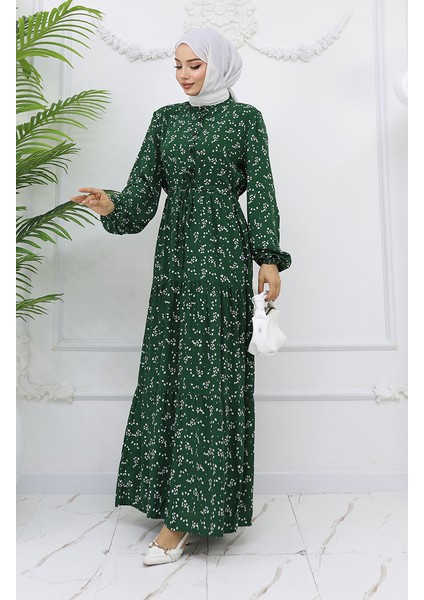 Yarım Düğmeli Çiçek Desenli Elbise 0025-01 Zümrüt Yeşili fiyatları