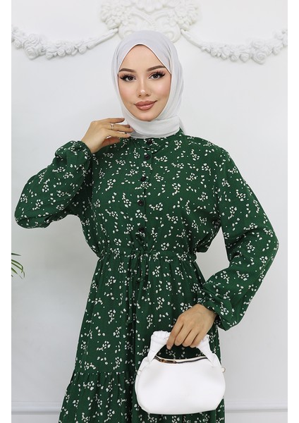 Yarım Düğmeli Çiçek Desenli Elbise 0025-01 Zümrüt Yeşili modelleri