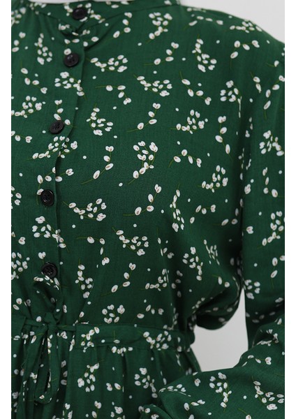 Yarım Düğmeli Çiçek Desenli Elbise 0025-01 Zümrüt Yeşili fırsatları
