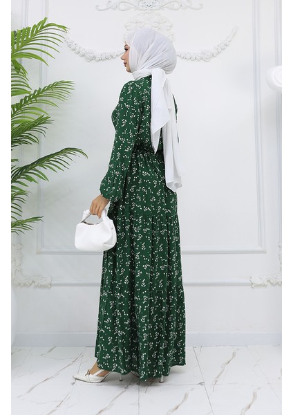 Yarım Düğmeli Çiçek Desenli Elbise 0025-01 Zümrüt Yeşili indirimleri