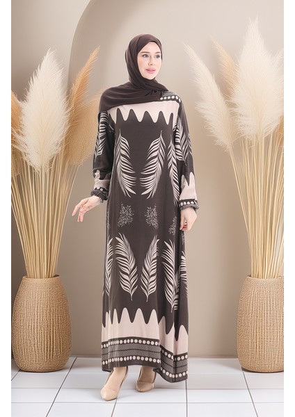 Desenli Viskon Elbise 0005-05 Vizon Kahverengi