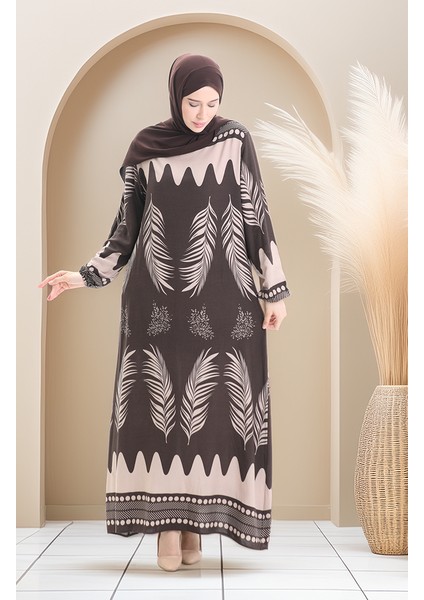 Desenli Viskon Elbise 0005-05 Vizon Kahverengi fiyatları