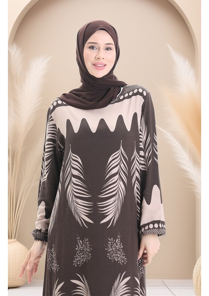 Desenli Viskon Elbise 0005-05 Vizon Kahverengi modelleri