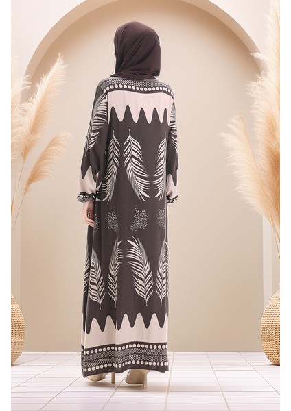 Desenli Viskon Elbise 0005-05 Vizon Kahverengi indirimleri