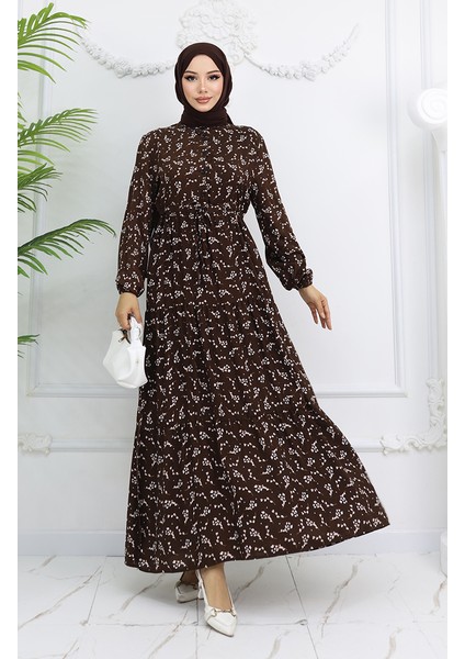 Yarım Düğmeli Çiçek Desenli Elbise 0025-04 Kahverengi