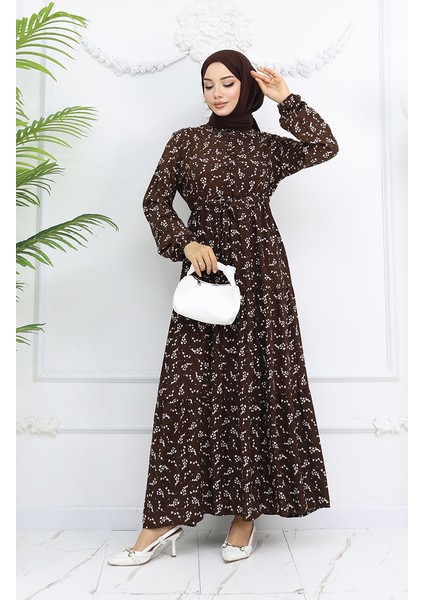 Yarım Düğmeli Çiçek Desenli Elbise 0025-04 Kahverengi fiyatları