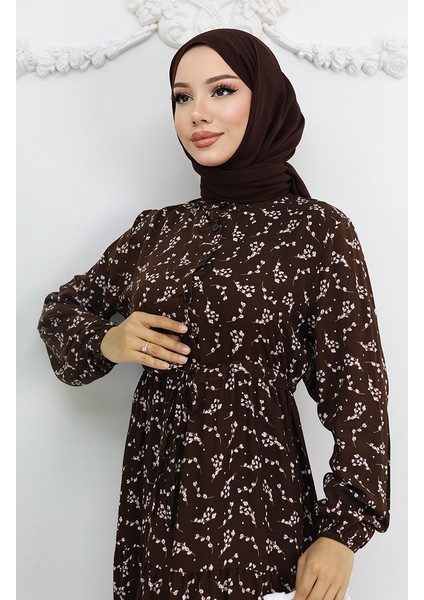 Yarım Düğmeli Çiçek Desenli Elbise 0025-04 Kahverengi modelleri