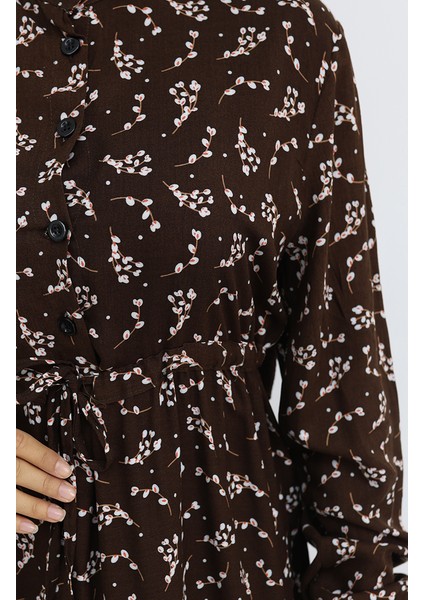 Yarım Düğmeli Çiçek Desenli Elbise 0025-04 Kahverengi fırsatları