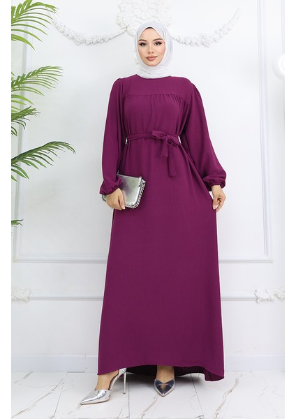 Krep Kumaş Kolu Lastikli Elbise 0029-06 Mor