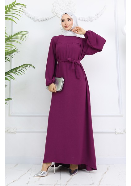 Krep Kumaş Kolu Lastikli Elbise 0029-06 Mor fiyatları