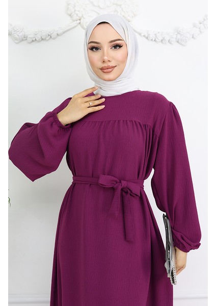 Krep Kumaş Kolu Lastikli Elbise 0029-06 Mor modelleri