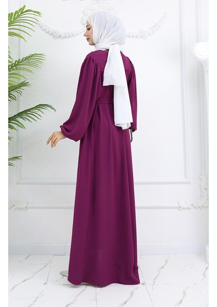 Krep Kumaş Kolu Lastikli Elbise 0029-06 Mor indirimleri