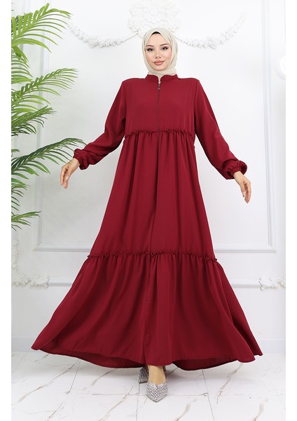 Fırfır Detaylı Boydan Fermuarlı Ferace 0024-01 Bordo