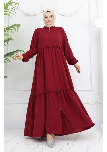 Fırfır Detaylı Boydan Fermuarlı Ferace 0024-01 Bordo fiyatları