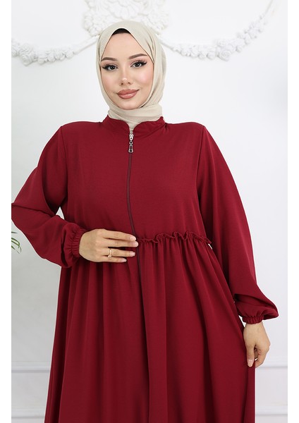 Fırfır Detaylı Boydan Fermuarlı Ferace 0024-01 Bordo modelleri