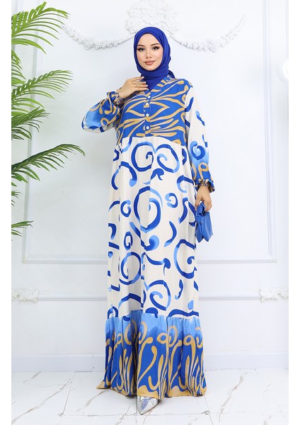 Yarım Düğmeli Viskon Desenli Elbise 0028-01 Saks Bej