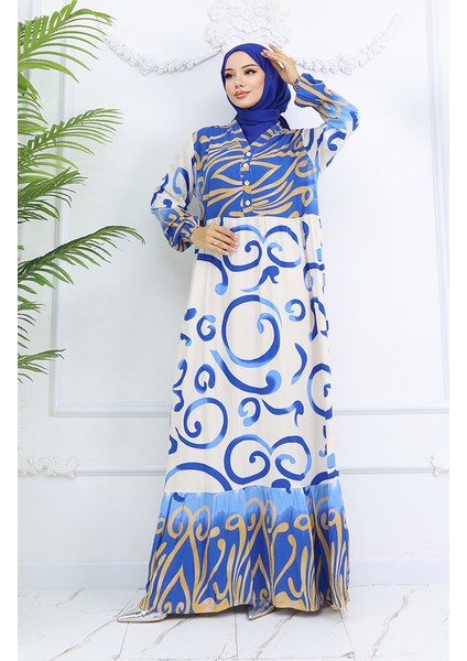 Yarım Düğmeli Viskon Desenli Elbise 0028-01 Saks Bej fiyatları